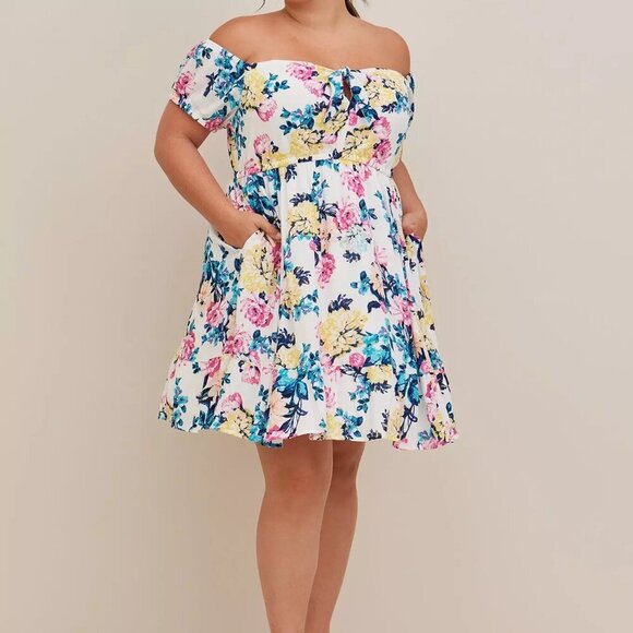 NWT Torrid Floral White Mini Gauze Puff Sleeve Skater Dress in Size 2 (18/20) - Picture 1 of 12